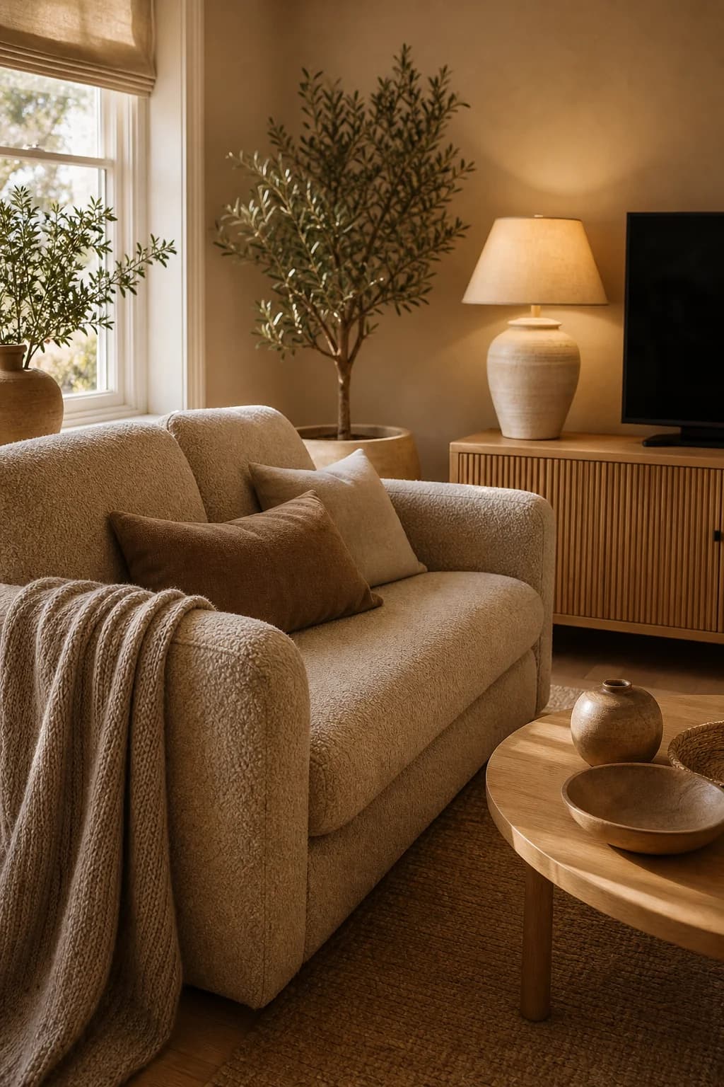 A warm living room with a biscuit sofa, oak TV unit, ceramic lamp and taupe throw